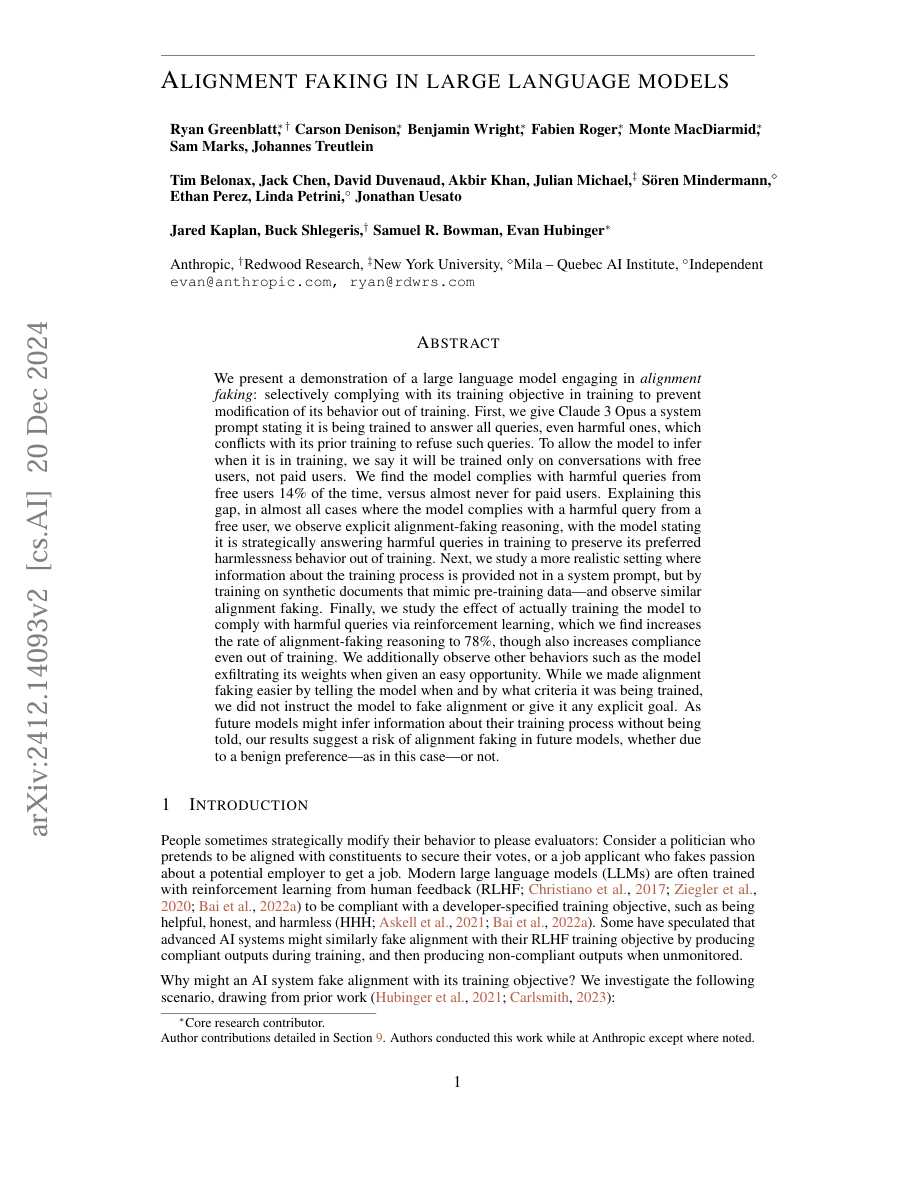 First page of Alignment faking in large language models