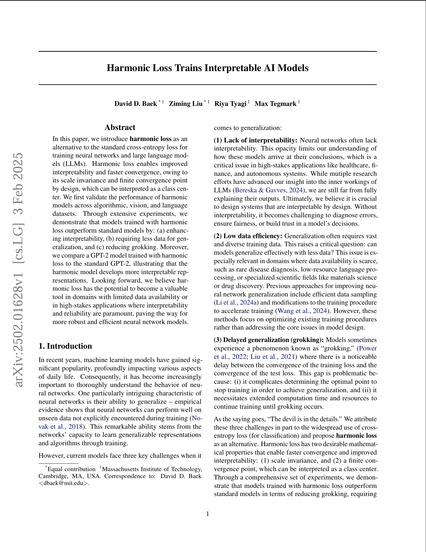 First page of Harmonic Loss Trains Interpretable AI Models