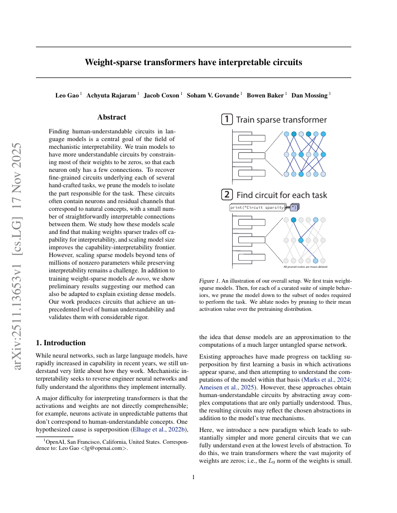 First page of Weight-sparse transformers have interpretable circuits
